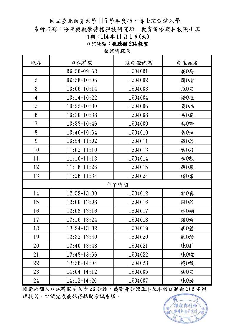 115甄试面试时程表-教传硕-1029正式公告(匿名)调整确认-1定稿